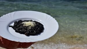 This is a close-up of a dish of black risotto in Croatia, with the sea as its backdrop. Croatian risotto is a local specialty you must try during your trip to Croatia.