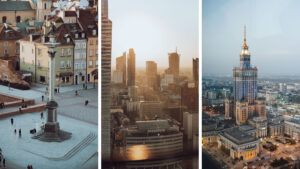 Three vertical photos in one picture, taken from the 3 best viewpoints in Warsaw, Poland. The left photo shows the view from the bell tower of St. Anne's Church and includes a view of the Sigismund's Column with Old Town houses behind it. The middle photo shows Warsaw skyscrapers showered in golden light during sunset, taken from the observation platform of the Palace of Culture and Science. On the right, we see the Palace of Culture and Science itself in the evening light, as seen from the Panorama Sky Bar in the Marriott Hotel.