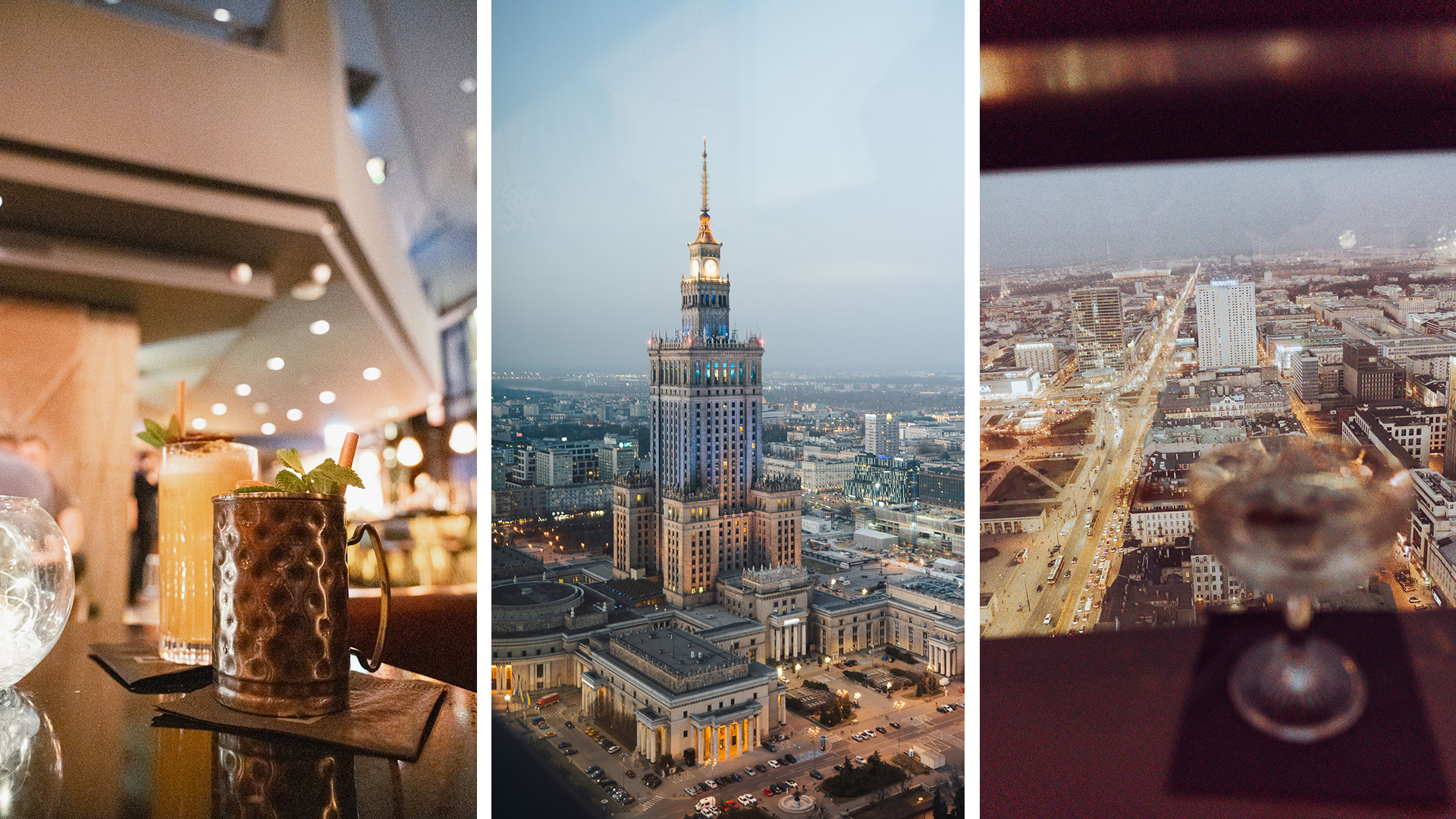 Three vertical photos in one picture, all taken from the Panorama Sky Bar of the Marriott Hotel in Warsaw, Poland. In the left picture, we see two cocktails in a modern bar interior in the background. In the middle photo, there is an evening view of the Palace of Culture and Science, its decorative lights just turning on blue and yellow. In the right picture, we see a blurry martini cocktail in the foreground with evening Warsaw as a backdrop, in focus.