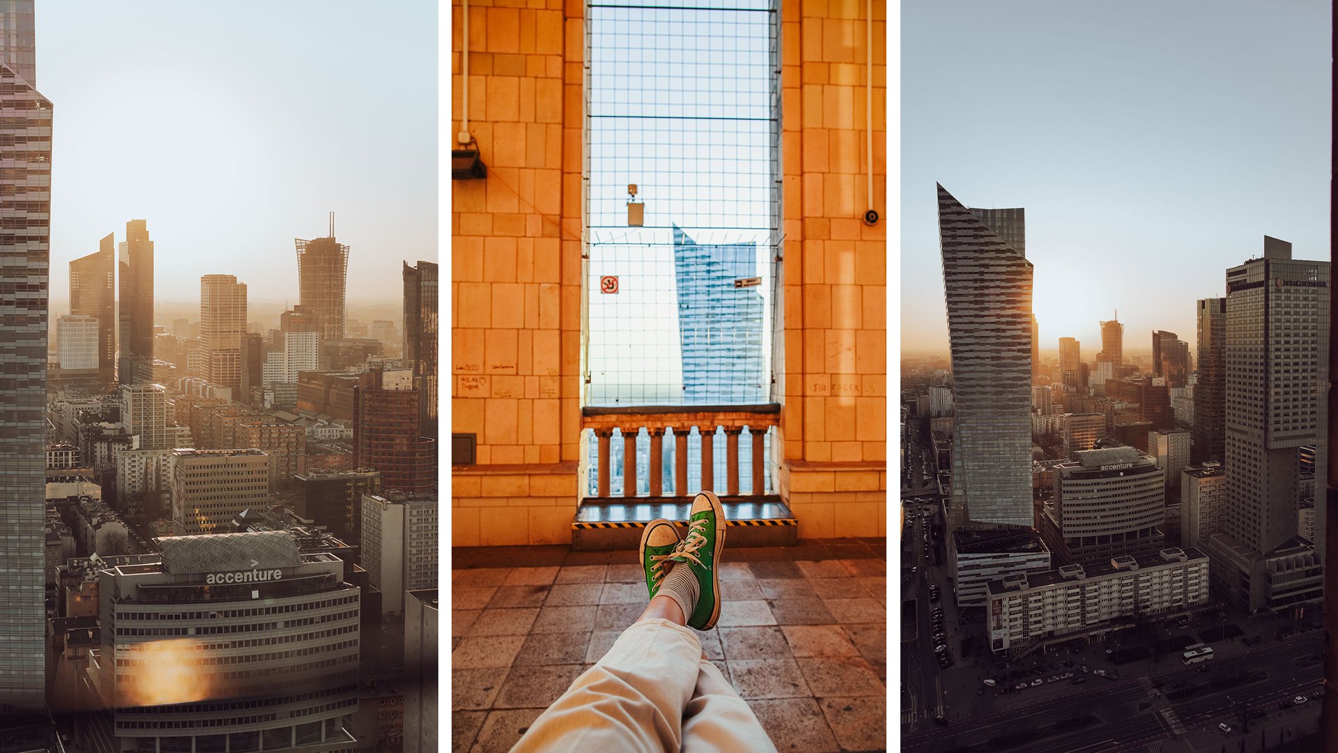 Three vertical photos in one picture, all taken from the observation deck on the 30th floor of the Palace of Culture and Science that offers one of the best views in Warsaw, Poland. On the left, we see the view of Warsaw skyscrapers. In the middle, we see a woman's feet in sneakers in the foreground and a view from the observation platform in the background, with the skyscraper Zlota 44 peeking through. On the right, there is another view of Warsaw skyscrapers.