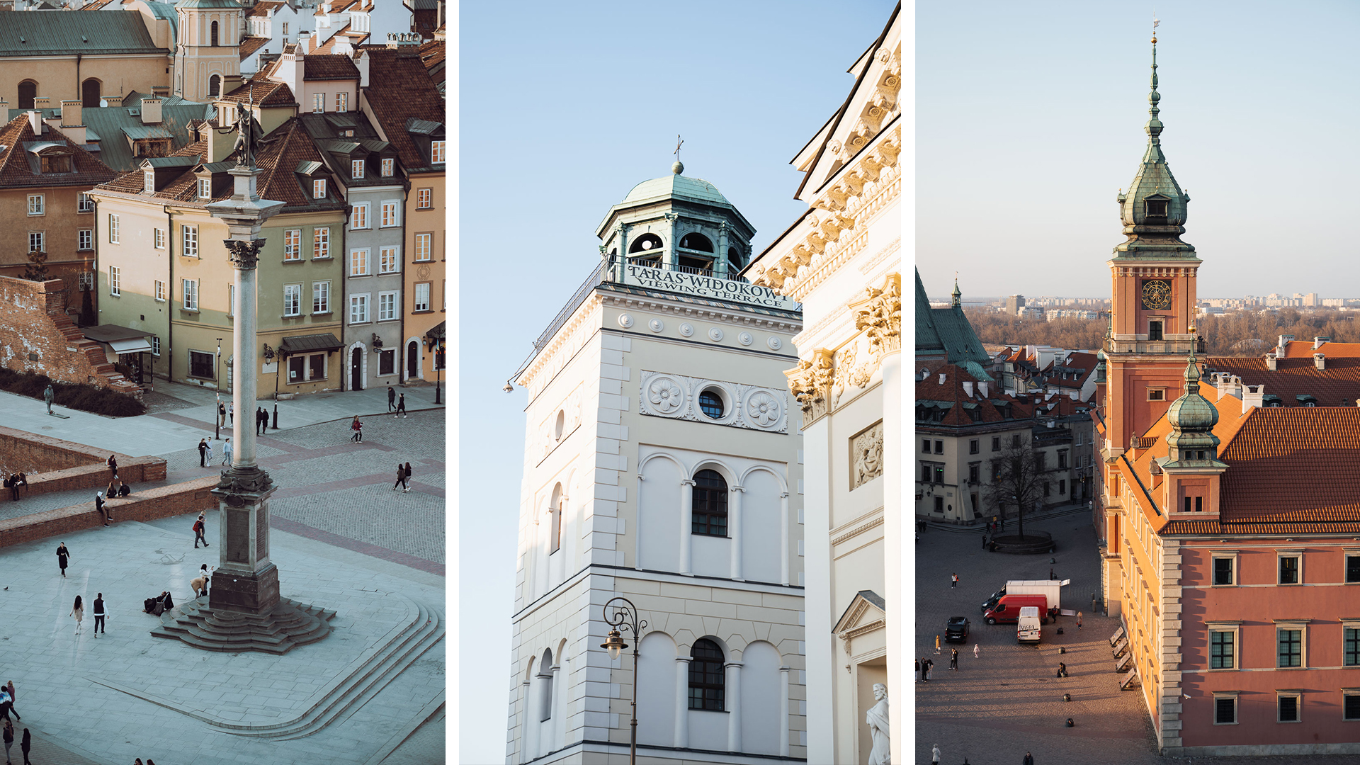 Three vertical photos in one picture, all taken from the viewing terrace on the bell tower of St. Anne's Church in Warsaw, Poland. On the left picture, we see Sigismund's Column on Castle Square from above. In the middle, we see the bell tower itself from the bottom, with a sign saying "Viewing Terrace" on the top floor, welcoming tourists. On the right photo, there is a view of the Royal Castle with the Old Town in the background, showered in golden light.