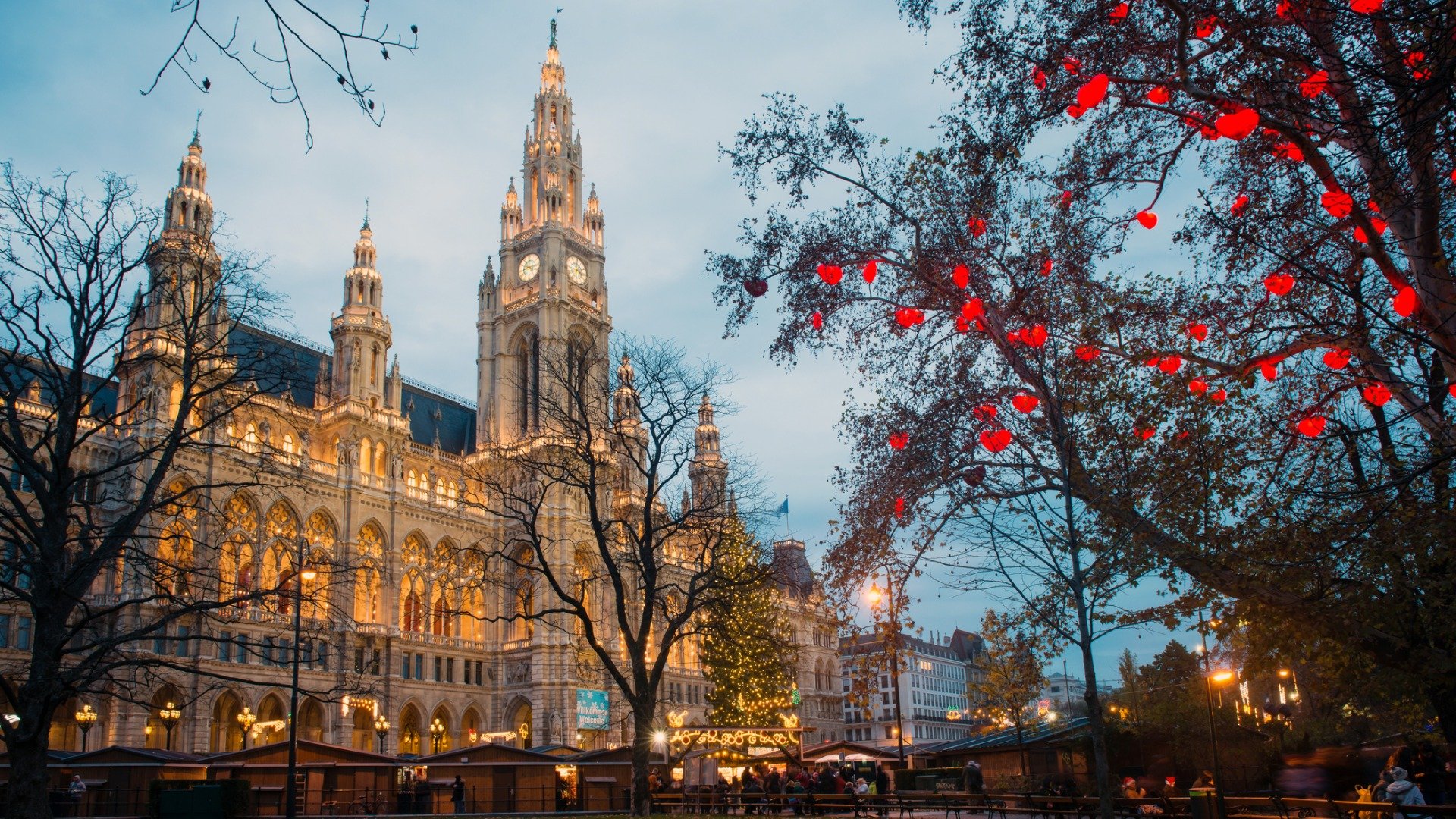 Această imagine arată Primăria din Viena luminată pentru Crăciun. 