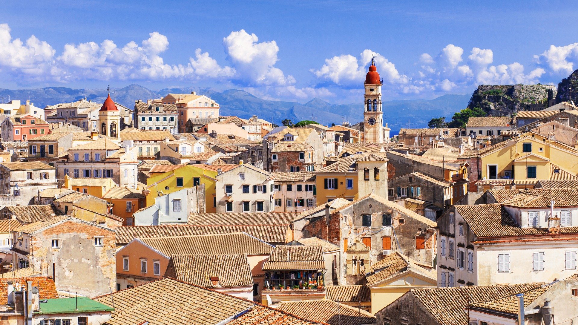 This is a panoramic shot of Corfu Old Town with its Italianate buildings. 