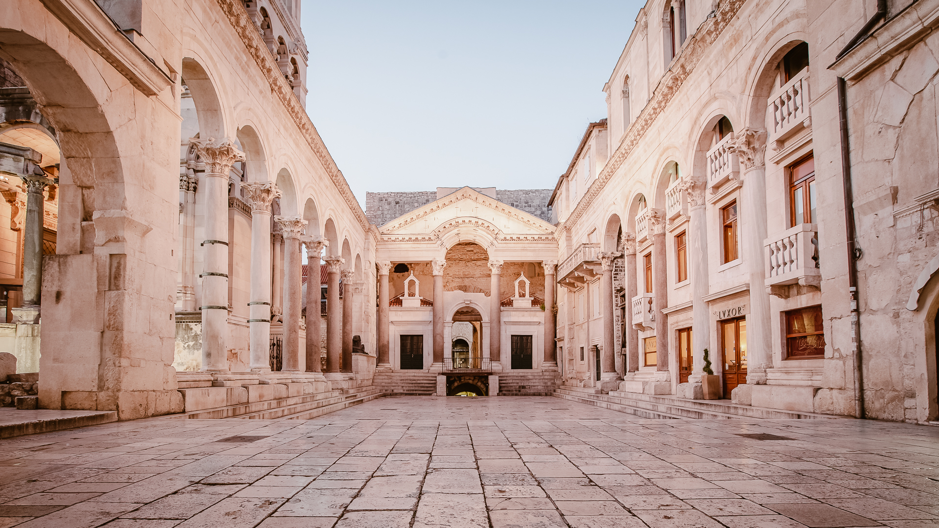 A cobblestone street in a square in Split, Croatia.