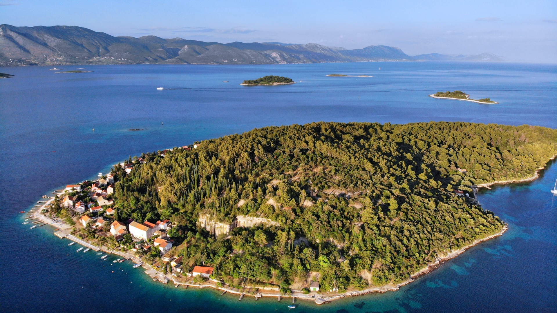 This is an aerial view of Vrnik Island, covered in thick forests and surrounded by deep blue waters.