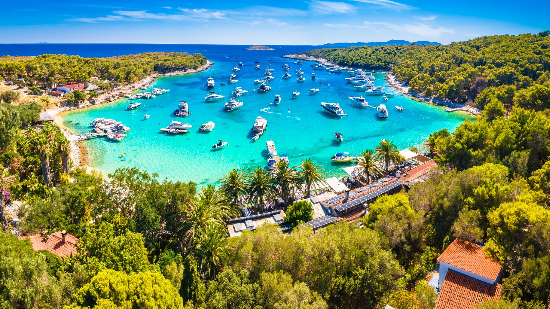 This is a panoramic shot of Palmizana, one of the best beaches in Hvar. There are many yachts floating on transparent turquoise waters.