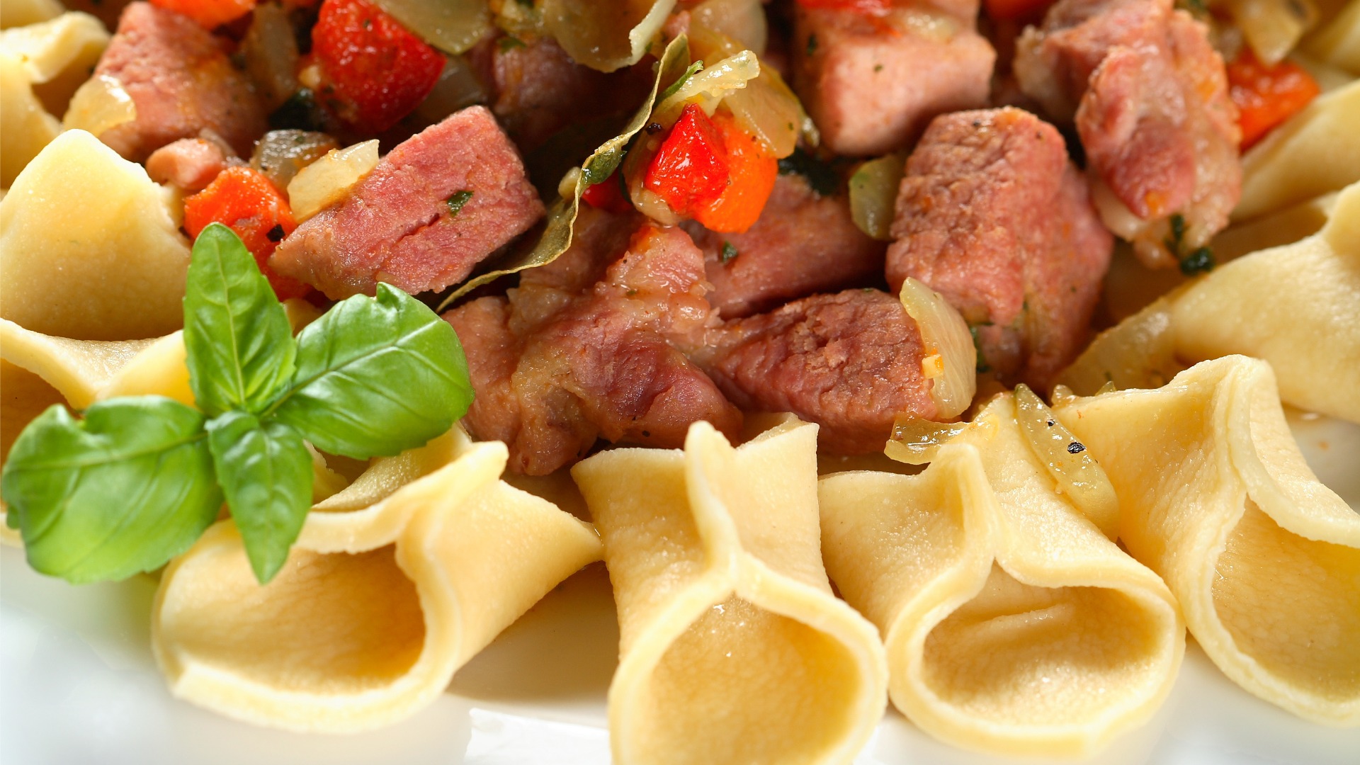 This is a close-up of a dish of traditional fuži pasta with pork chunks. 