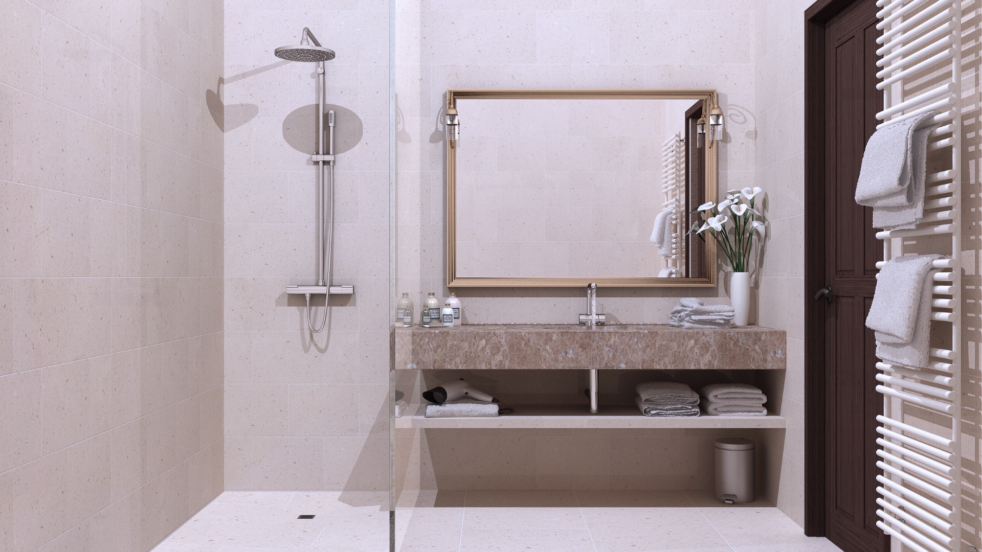 This image shows a hotel bathroom with a walk-in shower, a sink, a mirror and a towel warmer on the wall. Featuring walk-in showers instead of bathtubs is one of the main differences between American and European hotels. 