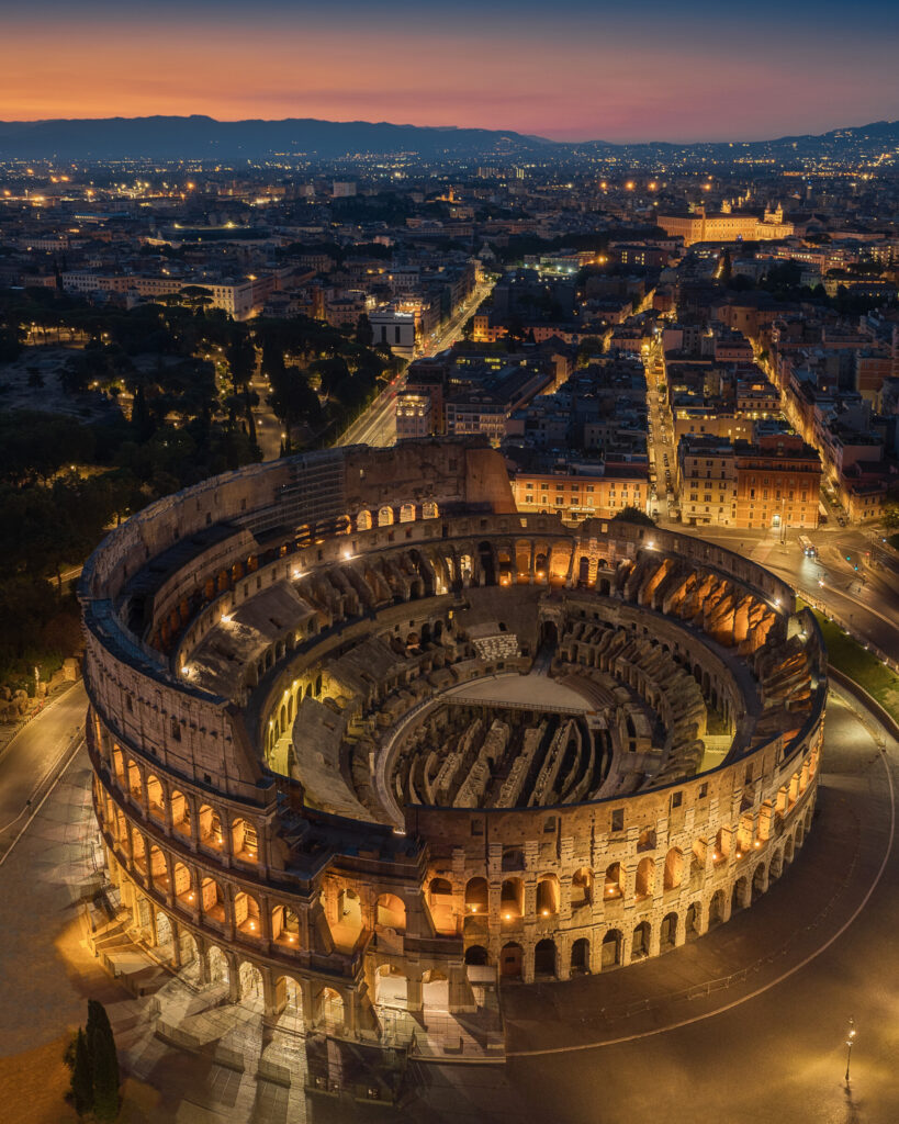Aerial view of the Colosseum at night