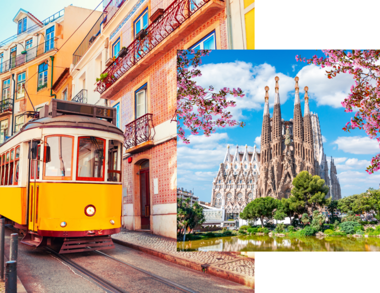 a collage showing a yellow tram in Lisbon and a Basílica de la Sagrada Família