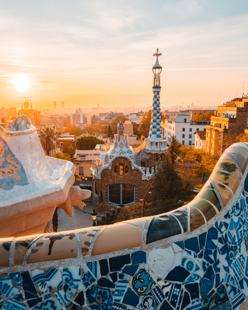 Beautiful sunrise in Barcelona seen from Park Guell. 