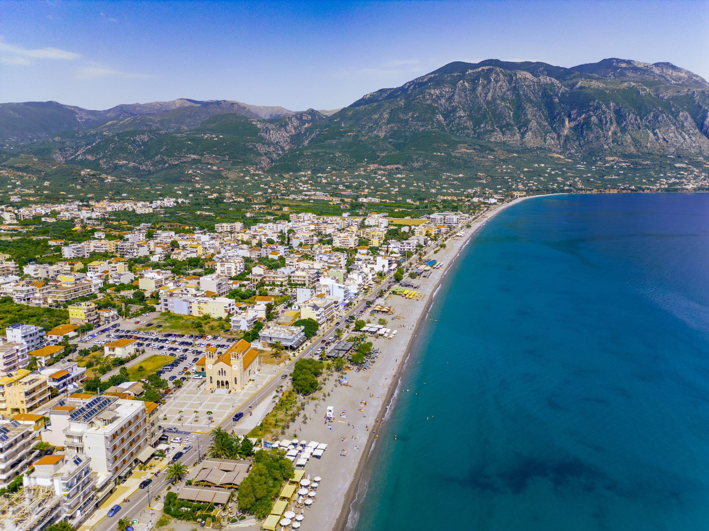 This is an aerial view of Kalamata with Taygetus Mountain in the background. 