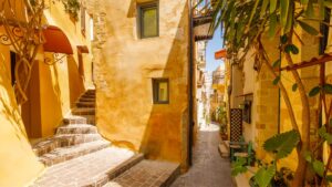 This image shows a picturesque alley in the Old Town of Chania Crete.