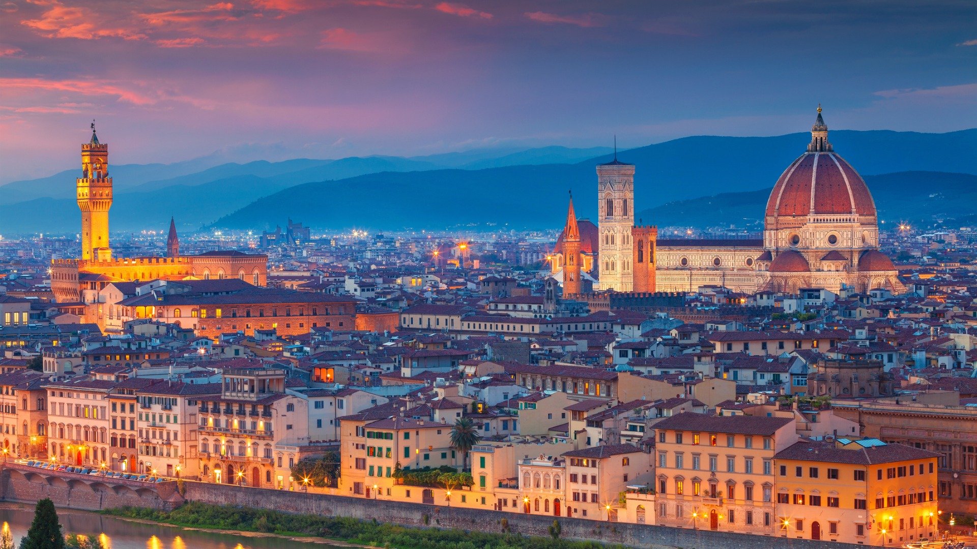 This is a panoramic view of Florence in the blue hour. 