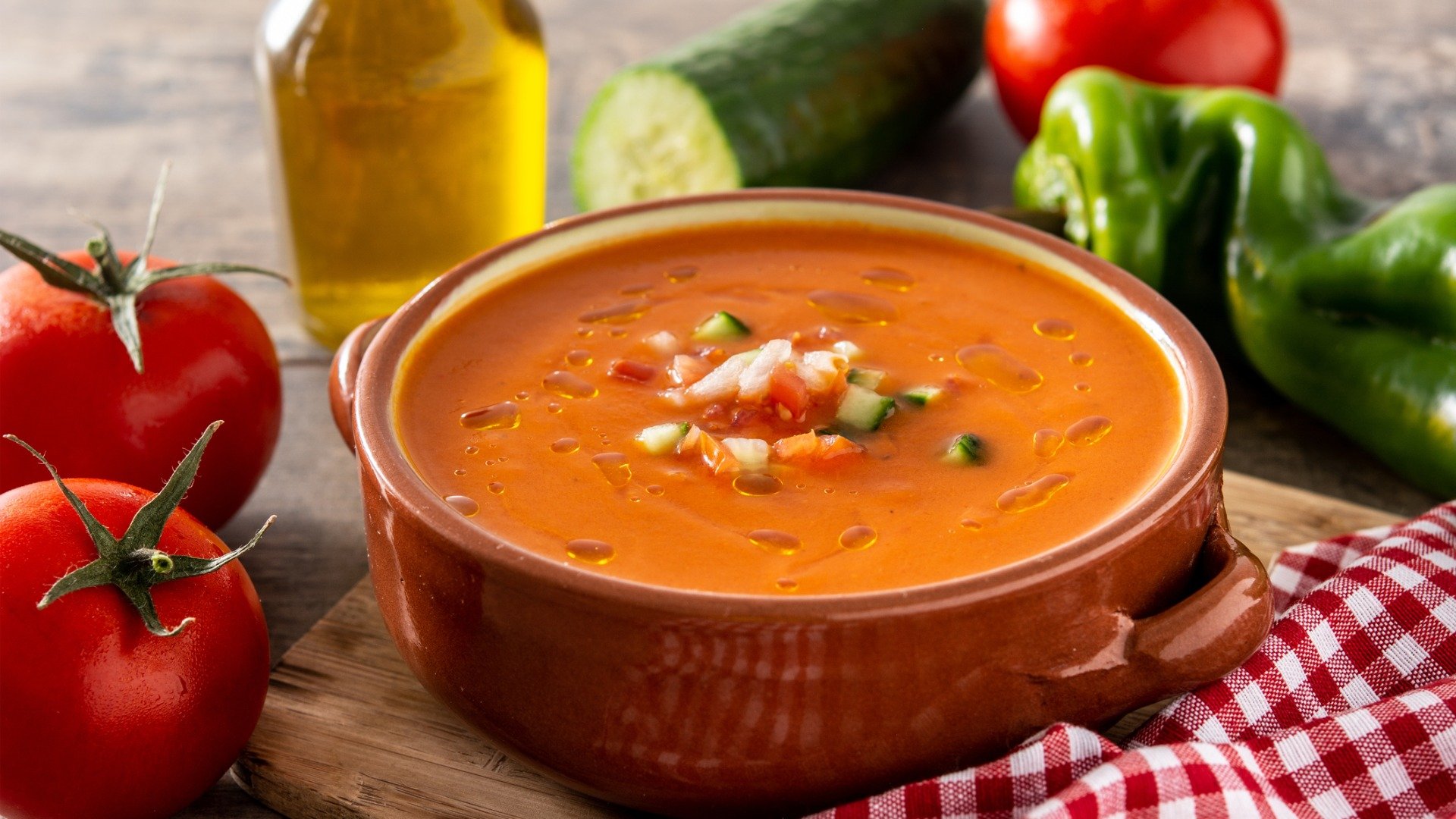 This image shows a bowl of gazpacho, among the best Spanish food you can try.
