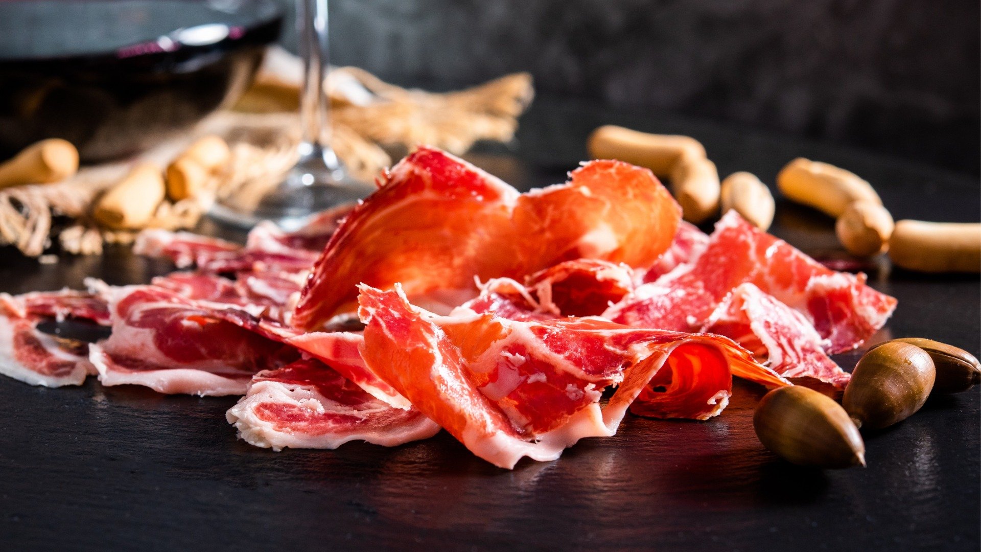 This is a close-up of jamon iberico slices. 