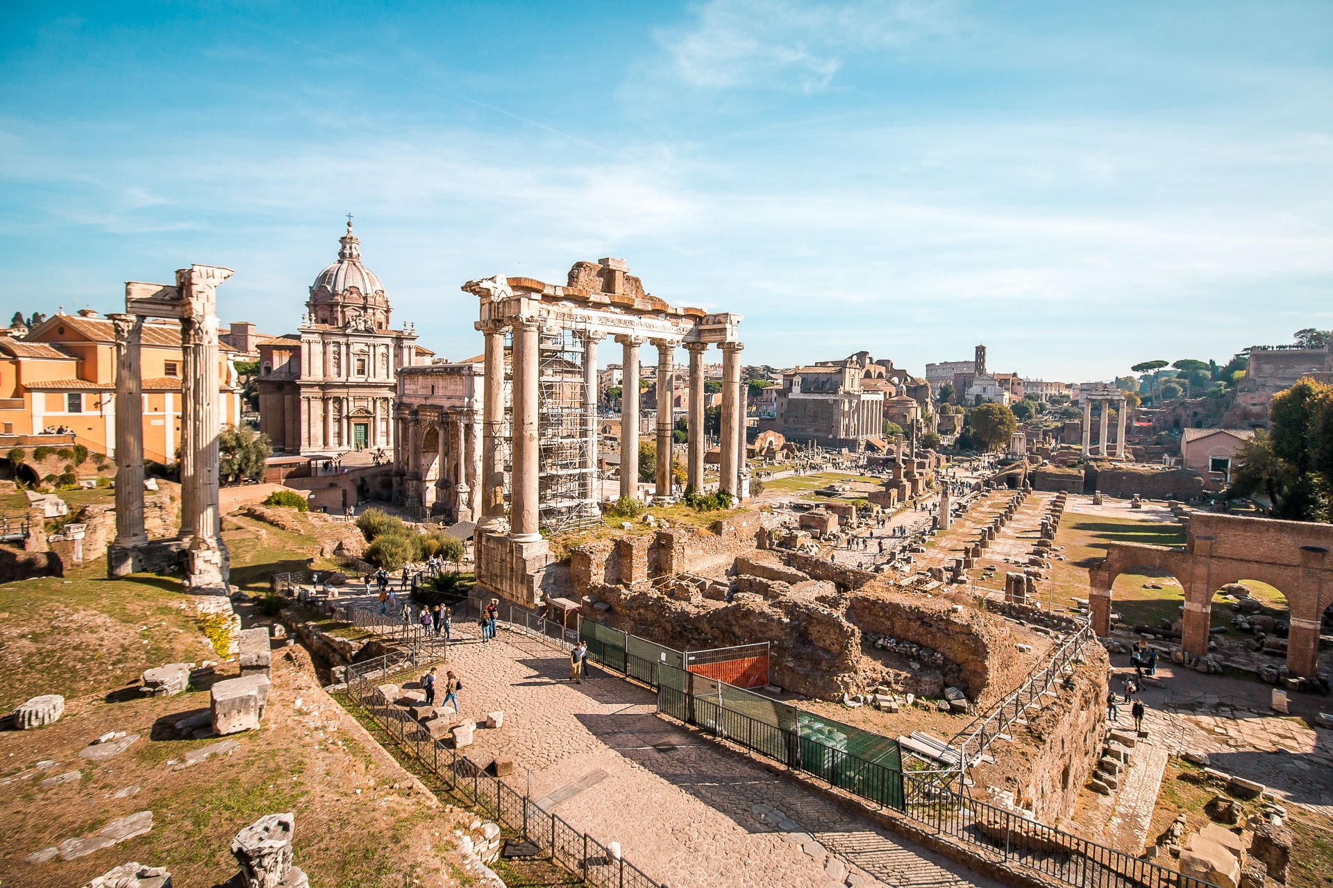 This is a panoramic view of the Roman Forum in Rome. 