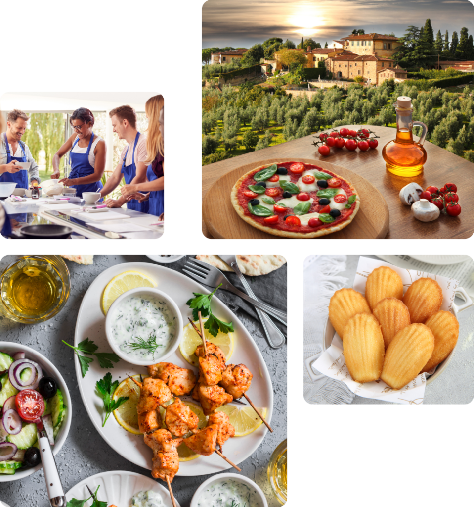 A collage of images showcasing a European food tour experience The top left image shows a group of people in a cooking class preparing dishes together The top right image features a scenic view of a rustic Italian countryside with a freshly made pizza on a wooden board in the foreground The bottom left image displays a Mediterranean-style meal with grilled chicken skewers a fresh salad and a creamy dip all served on a gray table The bottom right image shows a bowl of golden-brown madeleines a classic French pastry on a light textured background