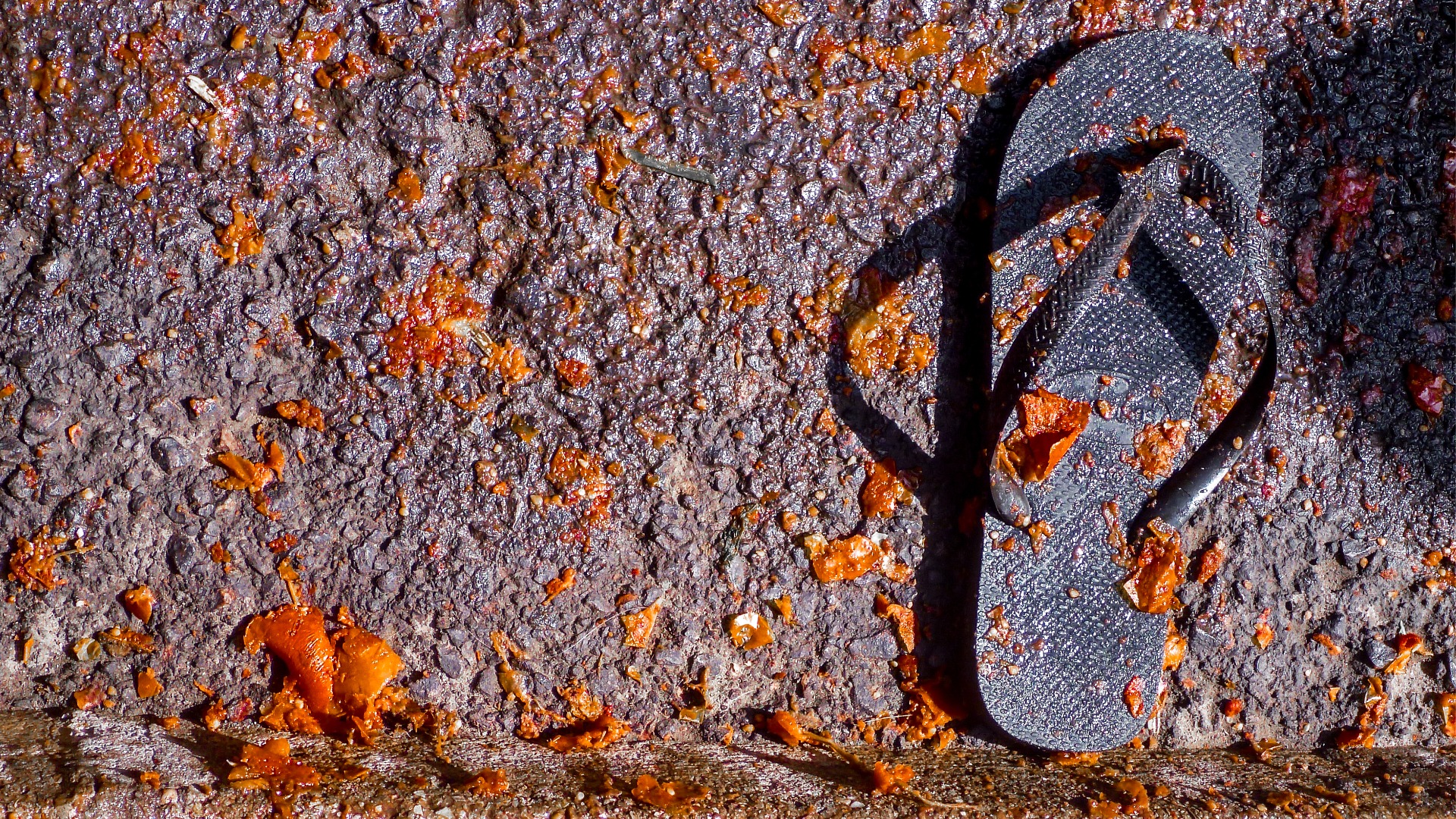 A flip flop with remains of tomatoes after La Tomatina. 