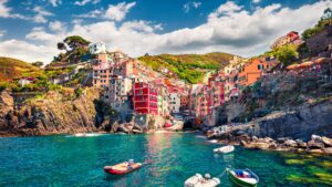 The colorful buildings of Riomaggiore on a sunny spring day.