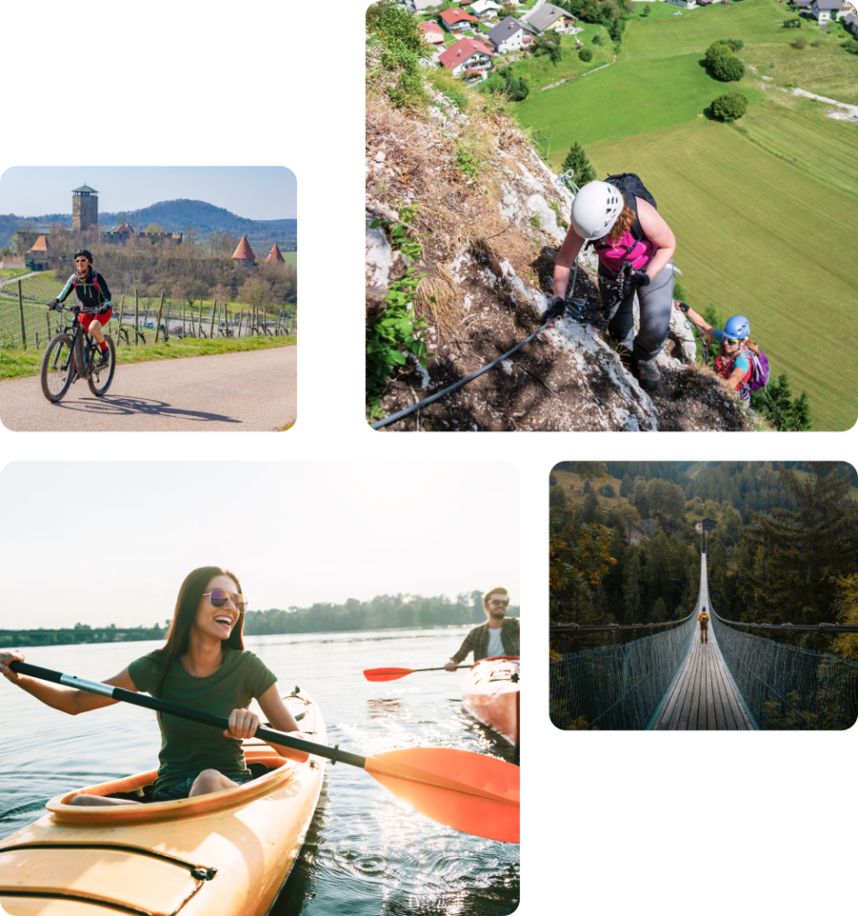 The image features a collage of outdoor adventure activities a cyclist rides along a scenic rural path with vineyards and rolling hills in the background a pair of climbers ascend a steep rocky cliff using safety ropes with a village and green fields below a woman joyfully paddles a kayak on calm waters accompanied by others enjoying the experience and a hiker crosses a long narrow suspension bridge that stretches over a dense forested valley conveying a sense of excitement and exploration in nature