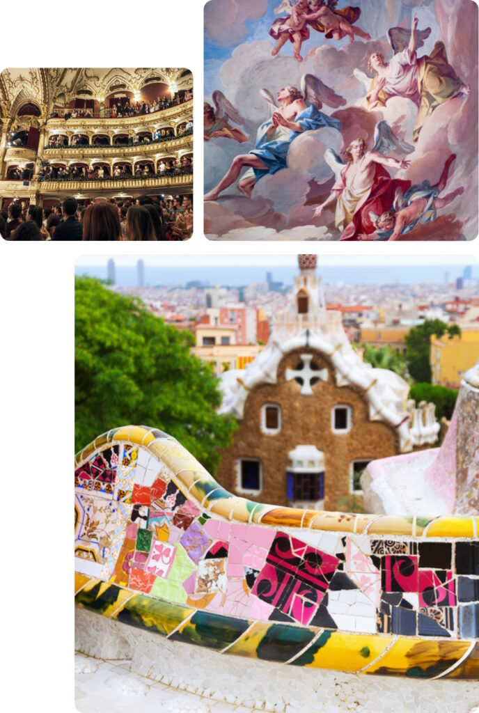 A collage of images representing European art and architecture The top left image shows the opulent interior of an ornate theater or opera house filled with an audience and adorned with intricate gold detailing The top right image features a fresco painting of angels in the clouds exemplifying classical European religious art The bottom image captures a colorful mosaic bench in Park Gell with a view of Barcelonas skyline and Gauds distinctive architecture in the background