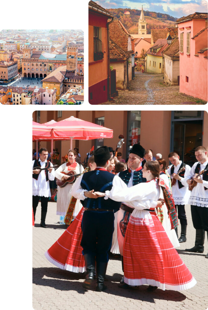 The image collage highlights vibrant cultural scenes an aerial view of a historic European city with terracotta rooftops and a prominent central square a charming cobblestone street lined with colorful houses in a picturesque village leading to a church steeple in the distance and a lively group of people dressed in traditional folk costumes dancing in a circle to live music in a public square celebrating cultural heritage through music and dance