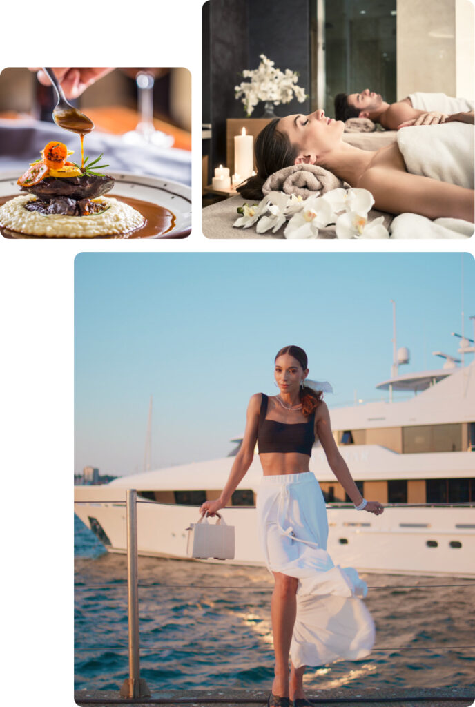 The image captures elements of luxury and relaxation a gourmet dish being elegantly plated with a rich sauce being poured over a beautifully arranged meal a couple indulges in a serene spa experience lying side by side on massage tables surrounded by orchids and soft candlelight and a stylish woman stands confidently by the waters edge with a luxurious yacht in the background embodying sophistication and the high life