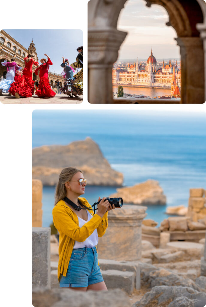 This image collage showcases three distinct travel experiences in EuropeTop Left A vibrant scene of traditional Flamenco dancers in colorful attire performing in a historic square in Seville Spain embodying the lively culture and passion of the regionTop Right A picturesque view of the Hungarian Parliament Building in Budapest framed by the arches of the Fishermans Bastion capturing the architectural grandeur along the Danube RiverBottom A young woman with a camera dressed casually in a yellow jacket and denim shorts exploring ancient ruins with a stunning coastal backdrop possibly in Greece highlighting the blend of history and natural beauty