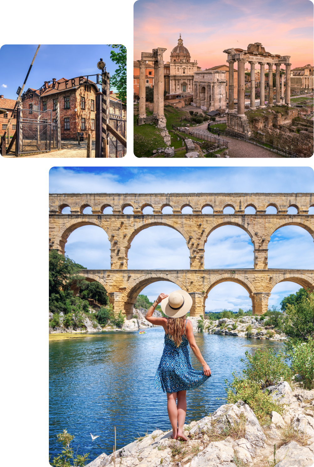 A collage of three significant historical and cultural sites in Europe The top left image shows the entrance to Auschwitz-Birkenau with the infamous Arbeit Macht Frei sign above the gate symbolizing a somber reminder of the Holocaust The top right image features the Roman Forum in Rome Italy with ancient ruins and columns against a beautiful sunset sky The bottom image depicts a woman in a blue dress and sun hat standing by the Pont du Gard an ancient Roman aqueduct in southern France overlooking the river below