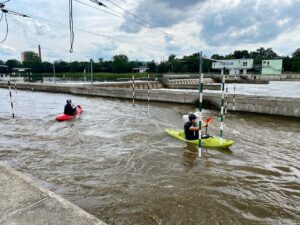 Canoeists in the water slalom course at Troja in Prague