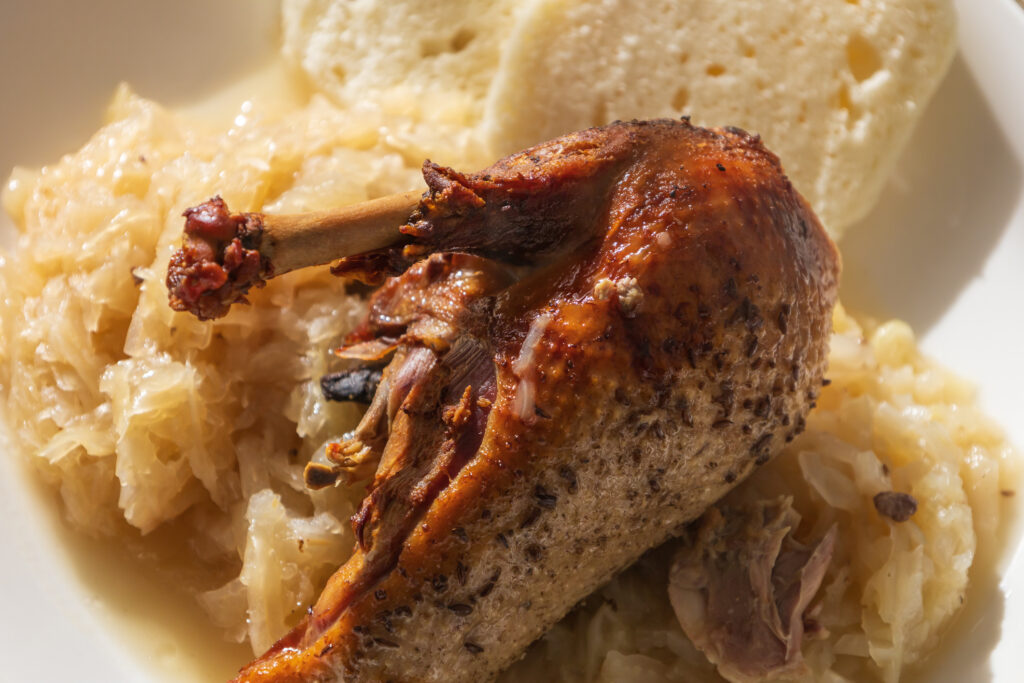 Roasted duck with cabbage and dumpling on a plate.