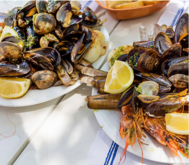 Two plates of mussels and other shellfish