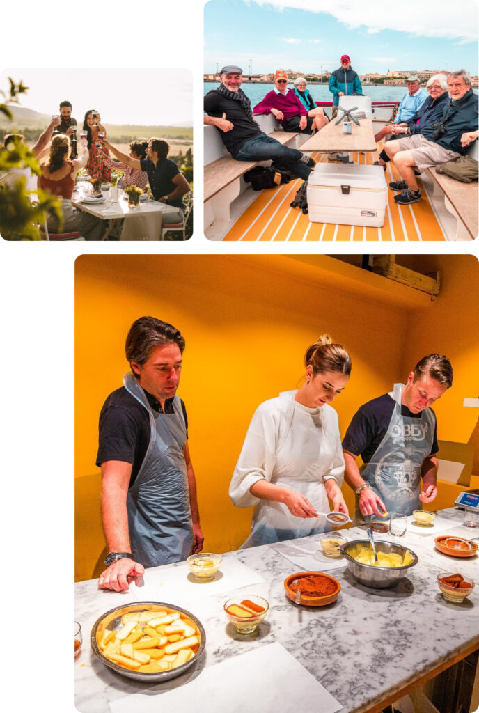 The image is a collage depicting various group activities centered around enjoying food and leisure time  Top-left image A group of people gathered around a table set outdoors in a scenic vineyard or countryside setting They are raising glasses in a toast sharing a meal and enjoying each others company The atmosphere is warm and convivial suggesting a celebration or a leisurely meal in a picturesque location  Top-right image A group of people sitting on a boat possibly a small ferry or cruise enjoying a relaxed moment together They are dressed casually some smiling at the camera while others are engaged in conversation The clear sky and calm water in the background indicate a pleasant day out on the water enjoying a scenic boat ride  Bottom image Three people participating in a cooking class or culinary demonstration in a brightly lit kitchen They are wearing aprons and working together at a marble countertop preparing dishes Various ingredients and cooking utensils are laid out in front of them and they appear focused on the activity The scene conveys an educational and enjoyable cooking experience