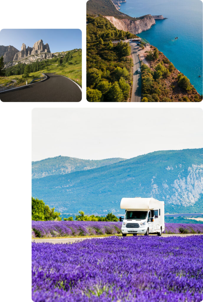 The image is a collage of three photographs showcasing picturesque road trips through diverse landscapes emphasizing the beauty and freedom of traveling in an RV or camper  Top-left image A scenic mountain road winding through a lush green valley with jagged peaks in the background The road is well-paved and meanders through the alpine landscape likely representing a drive through the Dolomites or similar mountainous region The clear blue sky and rugged terrain highlight the adventure of mountain road trips  Top-right image An aerial view of a camper driving along a coastal road with steep cliffs and the deep blue sea below The road is surrounded by dense green pine forests and the stunning coastline stretches out in the distance This image evokes the thrill of exploring scenic coastal routes such as those in Greece or the Amalfi Coast  Bottom image A white RV traveling through a vast field of blooming lavender under a bright sunny sky The endless rows of vibrant purple flowers contrast beautifully with the rolling green hills and mountains in the background This scene reminiscent of the Provence region in France captures the essence of leisurely road trips through fragrant and colorful landscapes