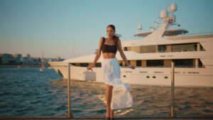 A stylish woman standing on a dock beside a luxury yacht, dressed in a chic black crop top and a flowing white skirt. She holds a small handbag and poses confidently, with the wind gently blowing her skirt. The backdrop features the calm waters of a marina at sunset, highlighting the glamorous and sophisticated ambiance of a coastal lifestyle.