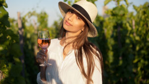 A woman wearing a stylish straw hat and a white blouse stands in a vineyard, holding a glass of rosé wine. She gazes softly at the camera, exuding a relaxed and elegant vibe. The sun casts a warm glow, highlighting her features and the lush greenery of the vineyard in the background. The scene captures the essence of enjoying a serene moment in a picturesque wine country setting.