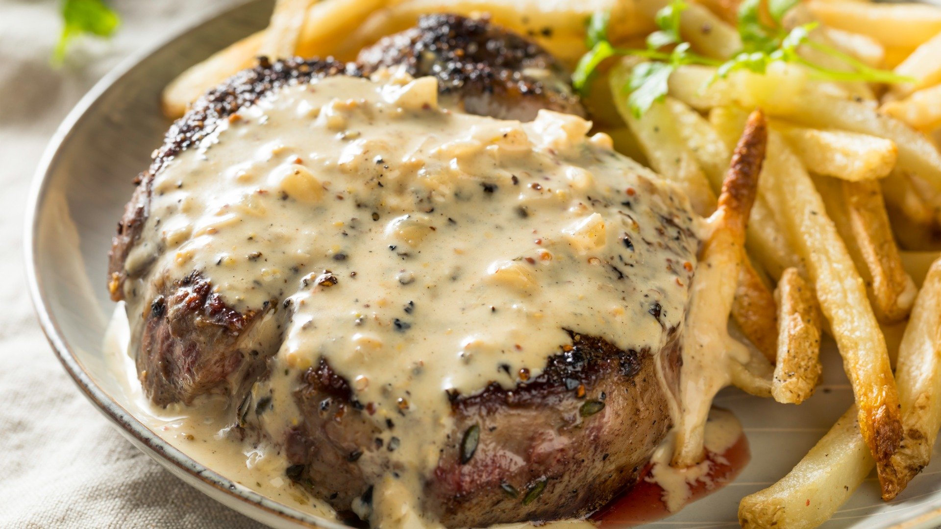 A close up of a dish of steak au poivre with french fries. 