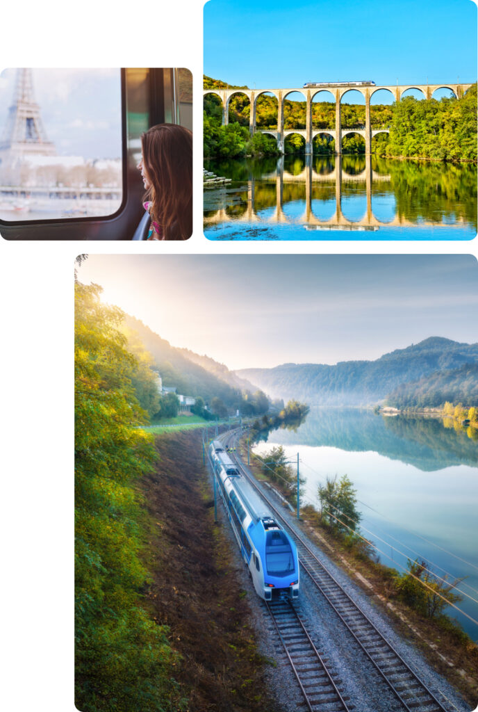 The image is a collage of three photographs showcasing scenic train journeys and diverse landscapes  Top-left image A young girl looking out of a train window at the Eiffel Tower in Paris France The iconic landmark is visible in the background slightly blurred suggesting that the train is moving The girl appears captivated by the view capturing a moment of travel excitement and wonder as she experiences one of the worlds most famous cities  Top-right image A train traveling across a tall viaduct that spans over a calm river The viaduct has multiple arches which are perfectly reflected in the water below creating a symmetrical and picturesque scene The surrounding area is lush with greenery and the bright blue sky adds to the beauty of the landscape highlighting the harmony between nature and engineering  Bottom image A modern blue train winding along a railway track that follows the curve of a serene river The train is moving through a scenic valley surrounded by green hills with the river reflecting the sky and nearby trees The soft morning light bathes the scene evoking a sense of calm and tranquility as the train journeys through this beautiful natural landscape