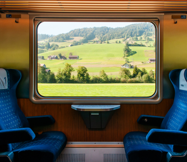 Interior of a train with a bright green countryside vista outside.