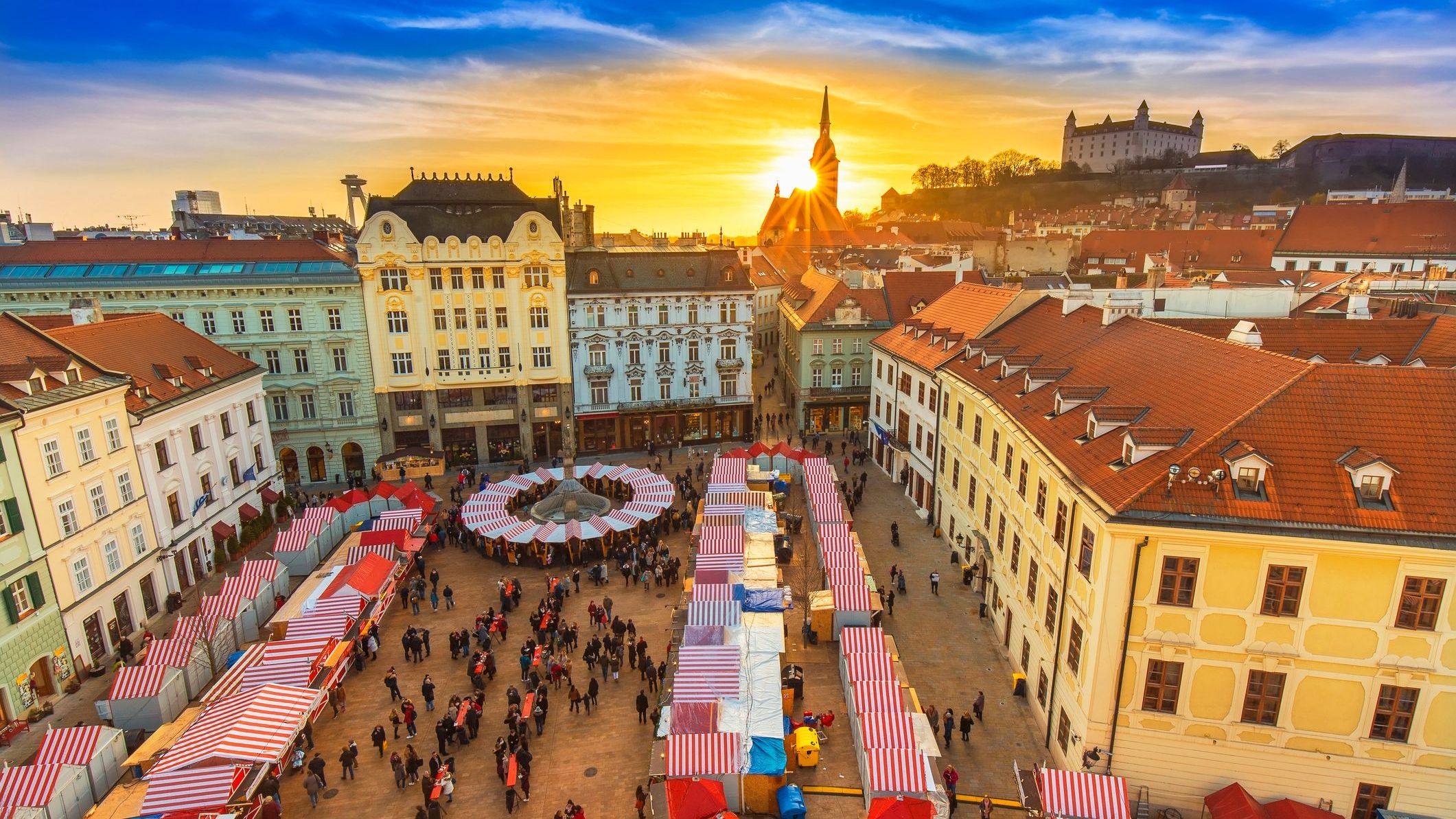 A panoramic view of the Christmas market set up on Bratislava's main square.