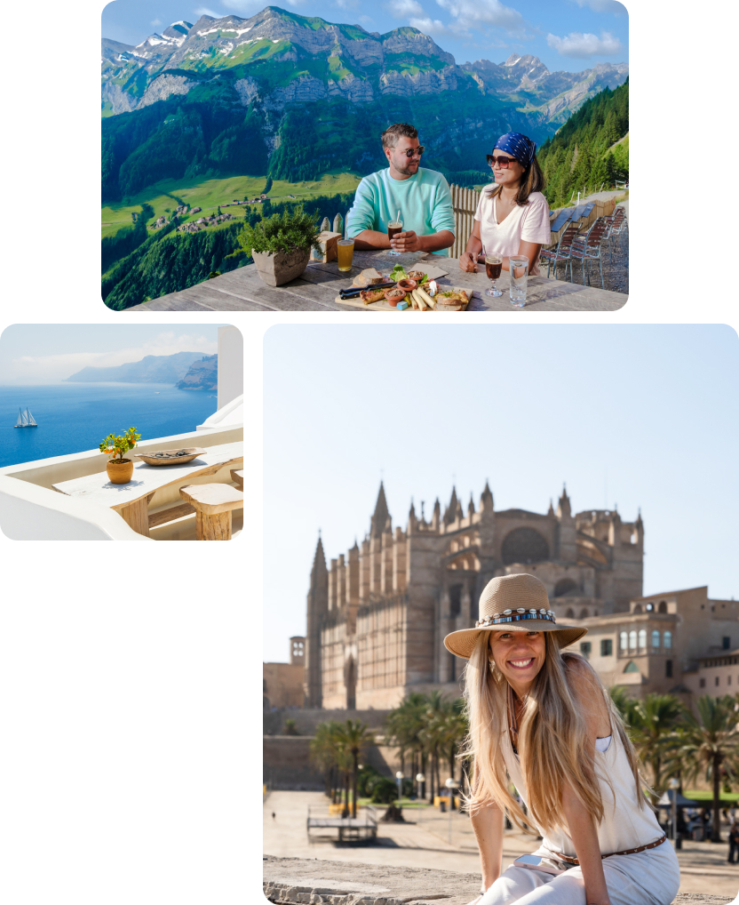 A montage of images depicting different locales - mountains, the sea, and an old city with a cathedral.