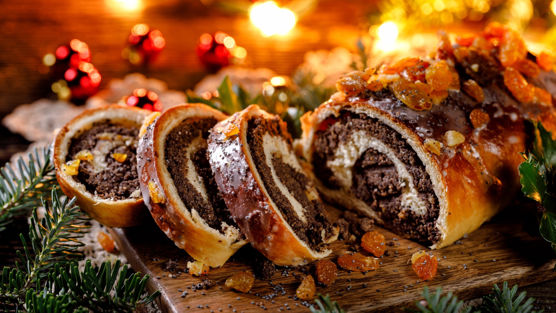 Poppy-seed rolls with Christmas decorations. 