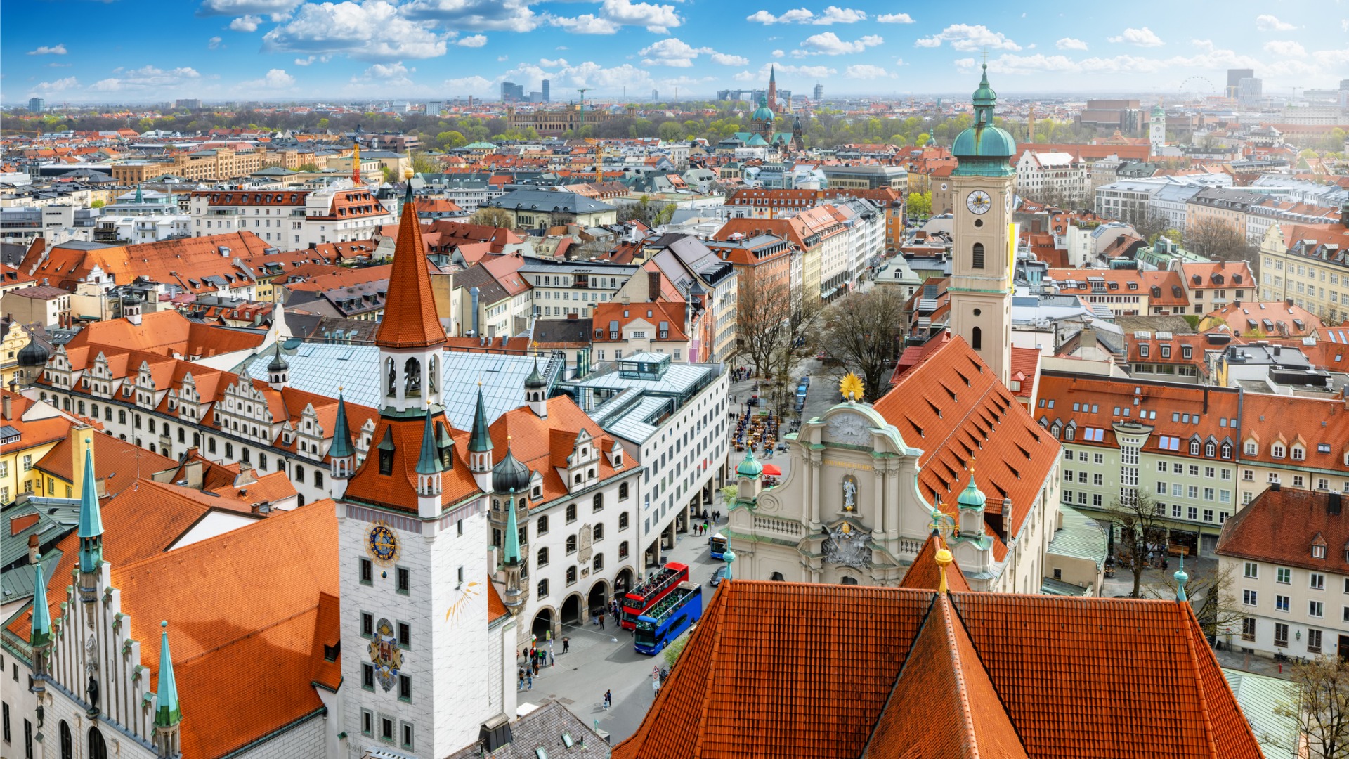 A panoramic view of Munich's skyline with its red rooftops. 