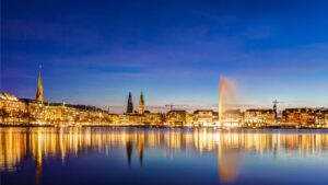 The skyline of Hamburg at dusk.