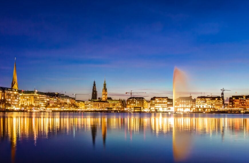 The skyline of Hamburg at dusk.