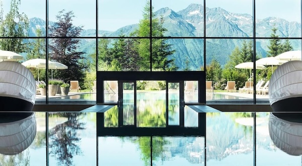 The view from an alpine resorts indoor pool in summer