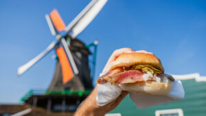 A hand holds a broodje haring (fish sandwich) in front of a windmill.