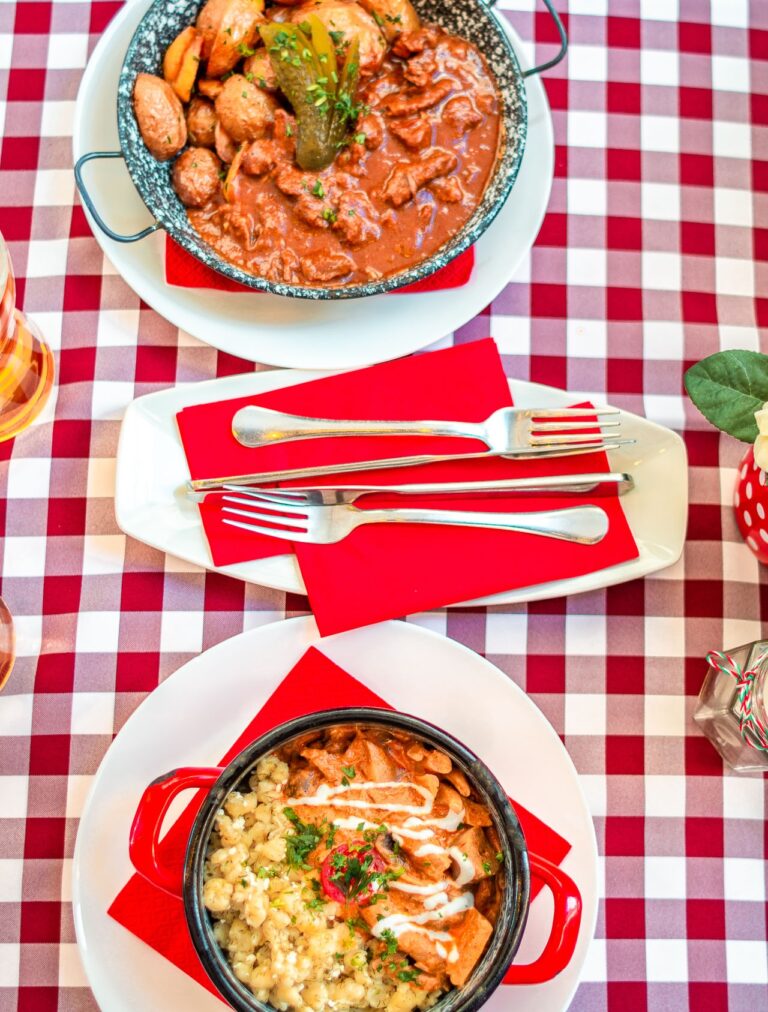 Classic Hungarian dishes, goulash and chicken paprikash served in skillets, set on a red checkered tablecloth