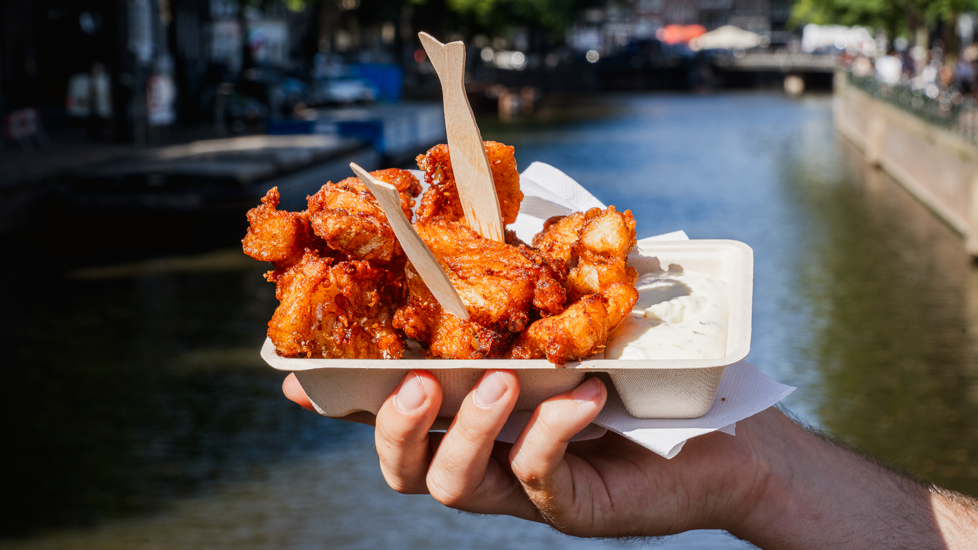 Hand holds a container of kibbeling, deep-fried fish pieces with some mayo on the side.